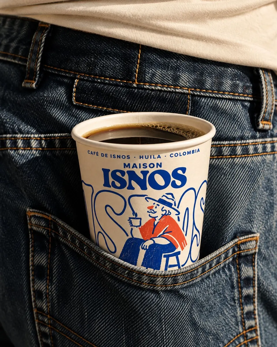 Vaso de café Maison Isnos en el bolsillo trasero de un jean