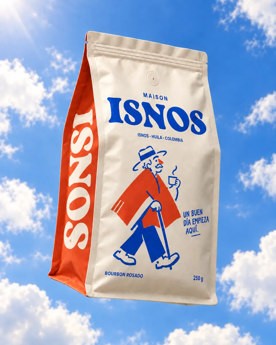 Bolsa de café Maison Isnos Bourbon Rosado de 250 g flotando en un cielo azul con nubes