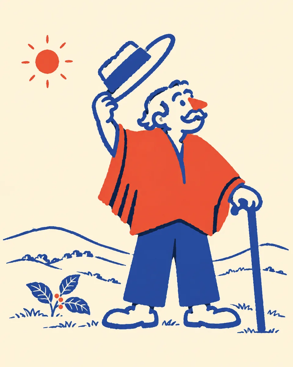 Ilustración del personaje de Maison Isnos saludando con el sombrero entre montañas y matas de café, bajo el sol