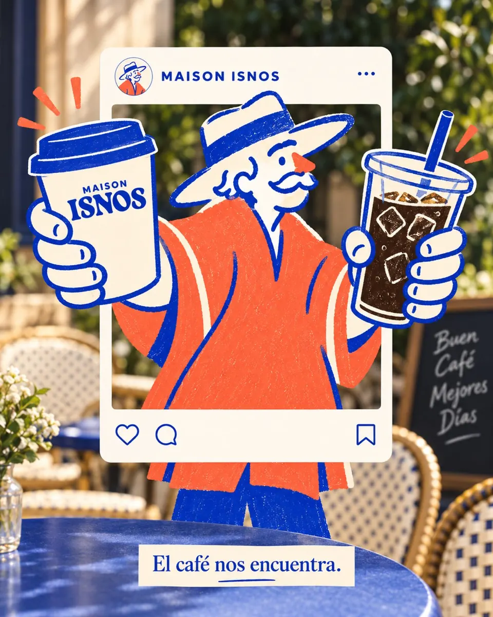 Ilustración del personaje Isnos con café caliente y café helado